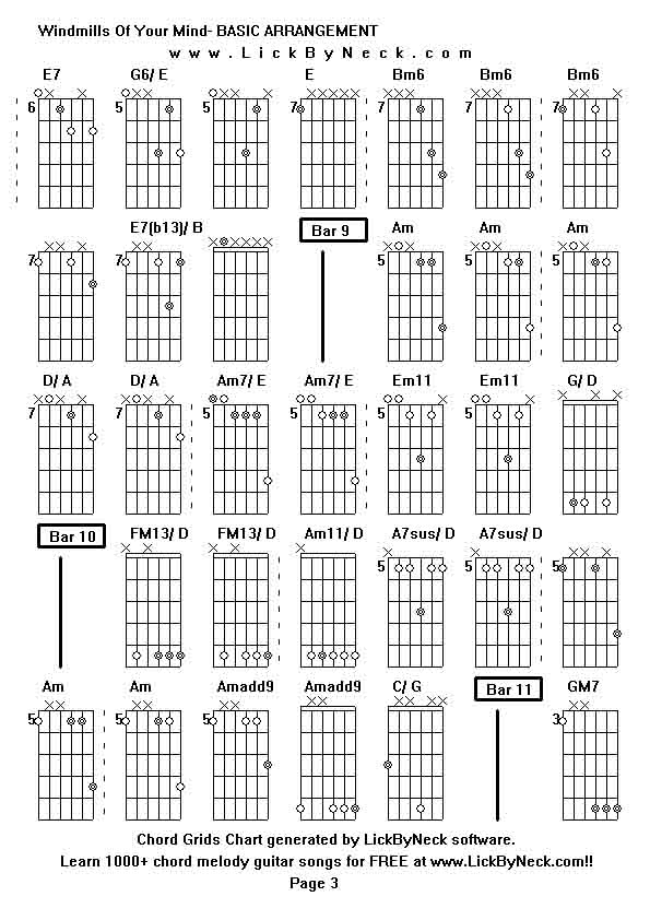 Chord Grids Chart of chord melody fingerstyle guitar song-Windmills Of Your Mind- BASIC ARRANGEMENT,generated by LickByNeck software.